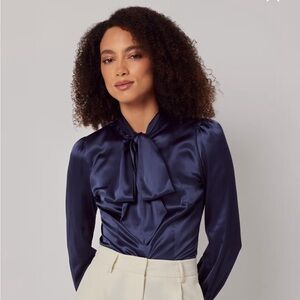 Chic Navy Satin Blouse with Bow Detail